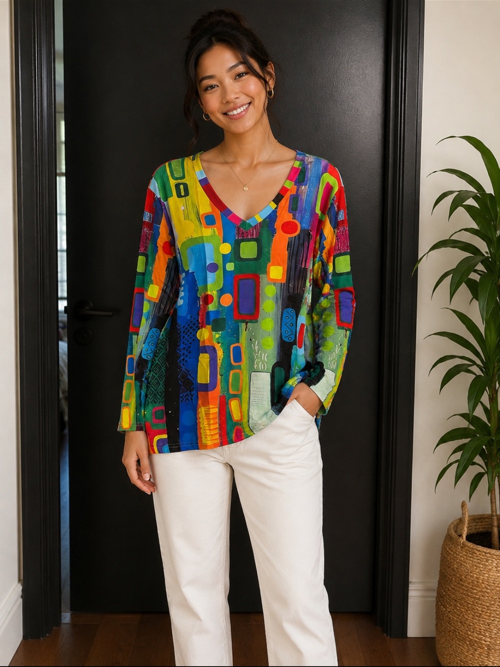 Abstract Multicolor V-Neck Long Sleeve Top - Multi